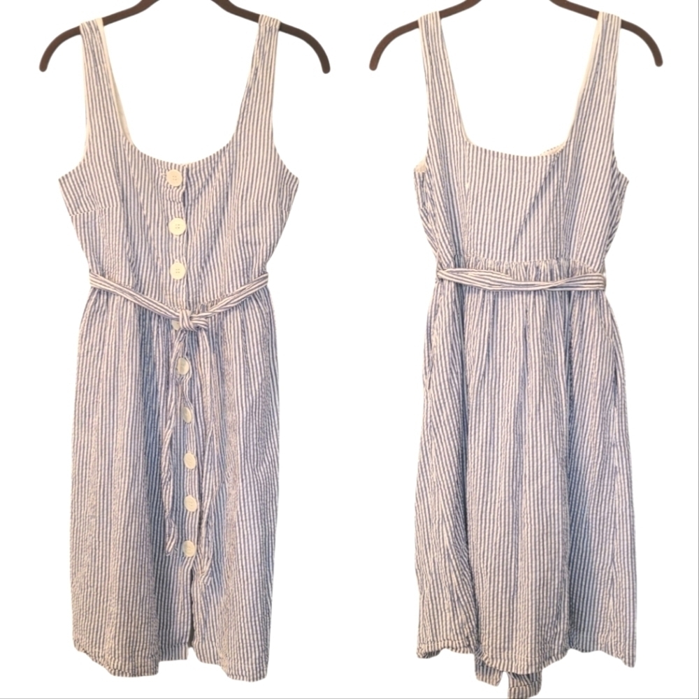 Mango Seersucker Blue White Striped Sleeveless Button-Down Dress Wmns 4 Coastal
